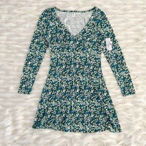 BP Blue Green Floral V-Neck Long Sleeve Floral Flare Knit Mini Dress Sz S